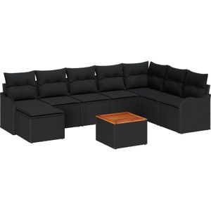 vidaXL 9-teiliges Garten-Sofa-Set mit Kissen Schwarz Poly-Rattan Akazie,  2-Sitzer Garten-Sofa mit Kissen Schwarz Poly-Rattan