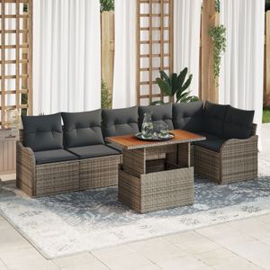vidaXL 7-teiliges Garten-Sofaset mit Kissen Grau Poly Rattan Akazie,  2-Sitzer Garten-Sofa mit Kissen Grau Poly Rattan