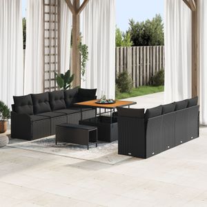 vidaXL 11-teiliges Garten Sofa Set mit Kissen Schwarz Poly Rattan Akazie,  2-Sitzer Garten Sofa mit Kissen Schwarz Poly Rattan,  3-teiliges Garten Essset mit Kissen Schwarz Poly Rattan Akazie