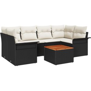 vidaXL 7-teiliges Garten-Sofa-Set mit Kissen Schwarz Poly-Rattan Akazie,  2-Sitzer Garten-Sofa mit Stauraum & Kissen Schwarz Poly-Rattan