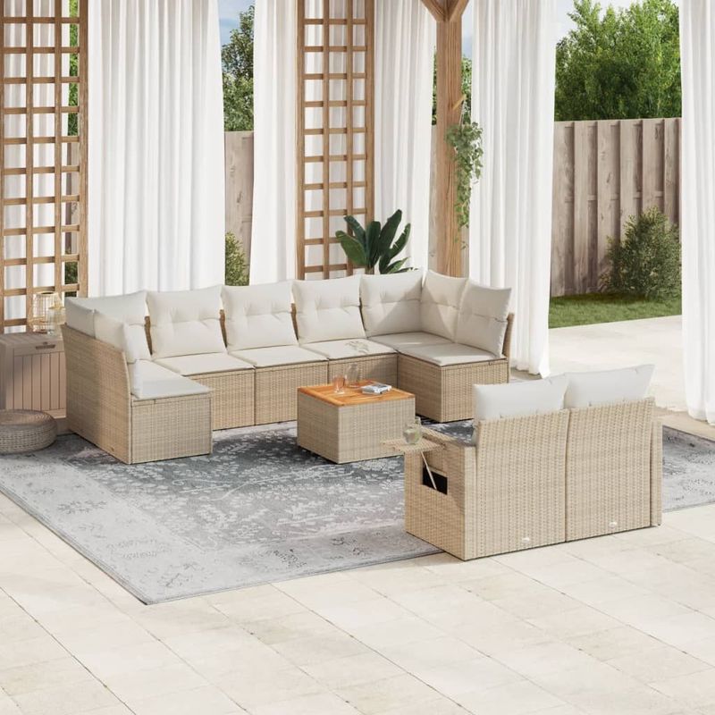 vidaXL 10-tlg. Garten-Sofagarnitur mit Kissen Beige Poly Rattan