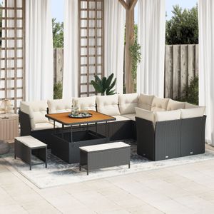 vidaXL 12-teiliges Garten Sofa Set mit Kissen Schwarz Poly Rattan Akazie,  3-teiliges Garten Esstisch Set mit Kissen Schwarz Poly Rattan Akazie