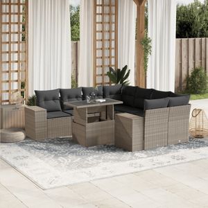vidaXL 9-tlg. Garten-Sofagarnitur mit Kissen Hellgrau Poly Rattan