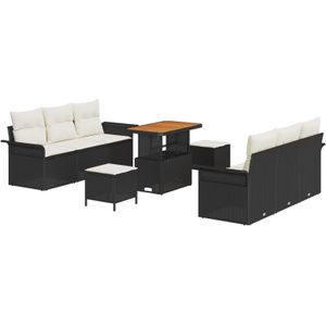 vidaXL 9-teiliges Garten-Sofa-Set mit Kissen Schwarz Poly Rattan Akazie,  2-Sitzer Garten-Sofa mit Stauraum & Kissen Schwarz Poly Rattan,  3-teiliges Garten-Essbereich-Set mit Kissen Schwarz Poly Rattan Akazie