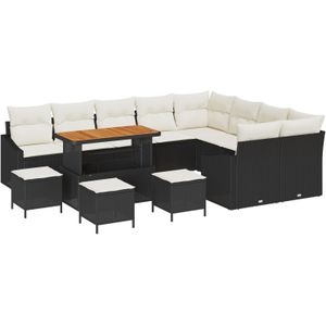 vidaXL 13-teilige Garten Sofa Set mit Kissen Schwarz Poly Rattan Akazie,  4-teiliges Garten Esszimmer Set mit Kissen Schwarz Poly Rattan Akazie,  2-Sitzer Garten Sofa mit Kissen Schwarz Poly Rattan