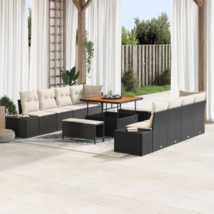 vidaXL 11-teiliges Garten-Sofa-Set mit Kissen Schwarz Poly-Rattan Akazie,  2-Sitzer Garten-Sofa mit Stauraum & Kissen Schwarz Poly-Rattan,  3-teiliges Garten-Dining-Set mit Kissen Schwarz Poly-Rattan Akazie