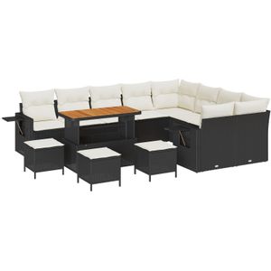 vidaXL 13-teilige Garten Sofa Set mit Kissen Schwarz Poly Rattan Akazie,  4-teiliges Garten Esstisch Set mit Kissen Schwarz Poly Rattan Akazie