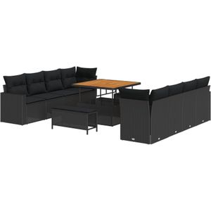 vidaXL 11-teiliges Garten-Sofa-Set mit Kissen Schwarz Poly-Rattan Akazie,  3-teiliges Garten-Dining-Set mit Kissen Schwarz Poly-Rattan Akazie