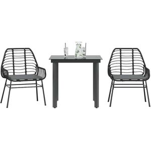 vidaXL 3-tlg. Garten-Essgruppe mit Kissen Schwarz Poly Rattan Glas