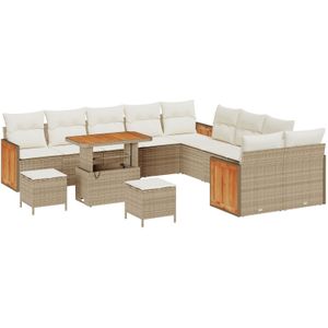 vidaXL 13-teiliges Garten Sofa Set mit Kissen Beige Poly Rattan Akazie,  2-Sitzer Garten Sofa mit Kissen Beige Poly Rattan,  3-teiliges Garten Esstischset mit Kissen Beige Poly Rattan Akazie