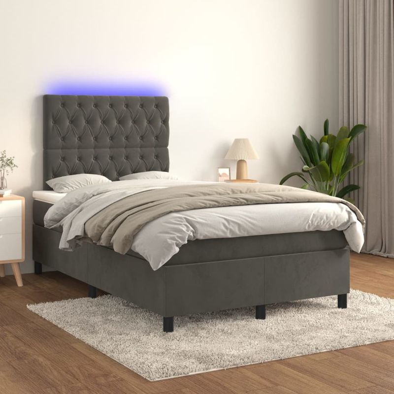 vidaXL Boxspringbett mit Matratze & LED Dunkelgrau 120x200 cm Samt
