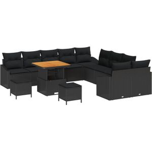 vidaXL 13-teiliges Garten-Sofa-Set mit Kissen Schwarz Poly Rattan Akazie,  2-Sitzer Garten-Sofa mit Stauraum & Kissen Schwarz Poly Rattan,  3-teiliges Garten-Dining-Set mit Kissen Schwarz Poly Rattan Akazie