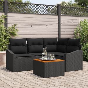 vidaXL 5-teiliges Garten-Sofa-Set mit Kissen Schwarz Poly-Rattan Akazie