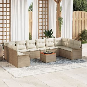 vidaXL 11-tlg. Garten-Sofagarnitur mit Kissen Beige Poly Rattan