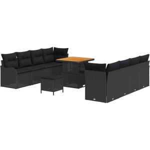 vidaXL 11-teiliges Garten Sofa Set mit Kissen Schwarz Poly Rattan Akazie,  2-Sitzer Garten Sofa mit Kissen Schwarz Poly Rattan,  3-teiliges Garten Essgruppe mit Kissen Schwarz Poly Rattan Akazie