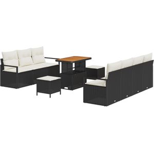 vidaXL 10-teiliges Garten-Sofa-Set mit Kissen Schwarzes Poly-Rattan Akazie,  2-Sitzer Garten-Sofa mit Kissen Schwarzes Poly-Rattan,  3-teiliges Garten-Ess-Set mit Kissen Schwarzes Poly-Rattan Akazie