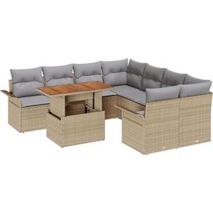 vidaXL 9-tlg. Garten-Sofagarnitur mit Kissen Beige Poly Rattan Akazie