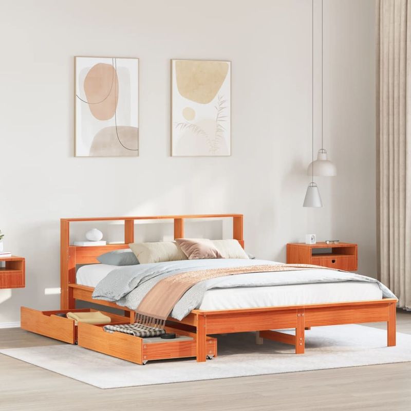 vidaXL Massivholzbett mit Regal ohne Matratze Wachsbraun 120x200 cm