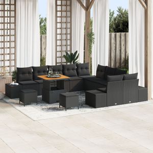 vidaXL 13-teiliges Garten-Sofa Set mit Kissen Schwarz Poly-Rattan Akazie,  2-Sitzer Garten-Sofa mit Kissen Schwarz Poly-Rattan,  3-teiliges Garten-Ess-Set mit Kissen Schwarz Poly-Rattan Akazie