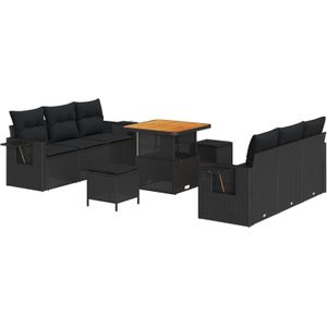 vidaXL 9-teiliges Garten Sofa Set mit Kissen Schwarz Poly Rattan Akazie,  3-teiliges Garten Essset mit Kissen Schwarz Poly Rattan Akazie