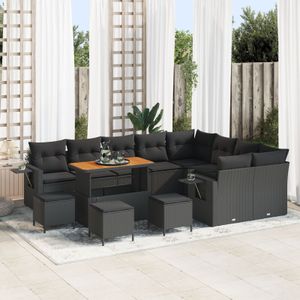vidaXL 12-teilige Garten Sofa Set mit Kissen Schwarz Poly Rattan Akazie,  3-teiliges Garten Esszimmer Set mit Kissen Schwarz Poly Rattan Akazie