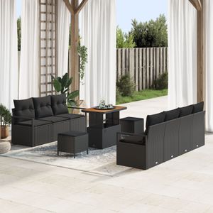 vidaXL 10-teiliges Gartensofa-Set mit Kissen Schwarz Poly Rattan Akazie,  2-Sitzer Gartensofa mit Stauraum & Kissen Schwarz Poly Rattan,  3-teiliges Gartendining-Set mit Kissen Schwarz Poly Rattan Akazie