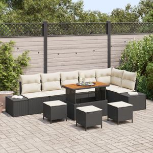 vidaXL 9-teiliges Garten Sofa Set mit Kissen Schwarz Poly Rattan Akazie,  2-Sitzer Garten Sofa mit Kissen Schwarz Poly Rattan,  3-teiliges Garten Esszimmer Set mit Kissen Schwarz Poly Rattan Akazie