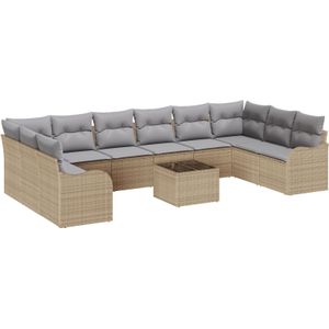 vidaXL 11-teiliges Garten-Sofaset mit Kissen Schwarz Poly Rattan,  2-Sitzer Garten-Sofa mit Kissen Beige Poly Rattan