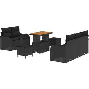 vidaXL 8-teiliges Garten Sofa Set mit Kissen Schwarz Poly-Rattan Akazie,  2-Sitzer Garten Sofa mit Kissen Schwarz Poly-Rattan,  3-teiliges Garten Esstisch Set mit Kissen Schwarz Poly-Rattan Akazie