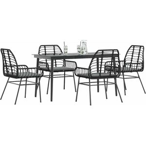 vidaXL 5-tlg. Garten-Essgruppe mit Kissen Schwarz Poly Rattan Glas