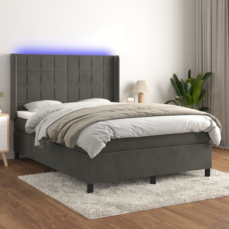 vidaXL Boxspringbett mit Matratze & LED Dunkelgrau 140x200 cm Samt