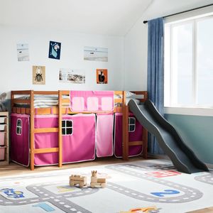 vidaXL Kinderhochbett mit Vorhängen Rosa 80x200 cm Massivholz Kiefer