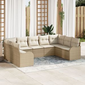 vidaXL 9-teiliges Garten-Sofaset mit Kissen in Beige Poly Rattan,  2-Sitzer Garten-Sofa mit Kissen in Beige Poly Rattan