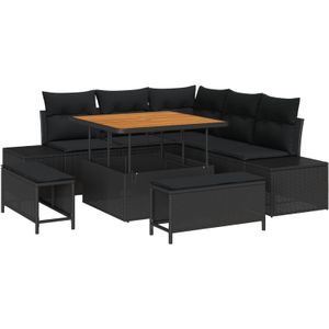 vidaXL 8-teiliges Garten Sofa Set mit Kissen Schwarz Poly Rattan Akazie,  2-Sitzer Garten Sofa mit Kissen Schwarz Poly Rattan,  3-teiliges Garten Esstisch Set mit Kissen Schwarz Poly Rattan Akazie