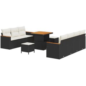 vidaXL 10-teilige Garten Sofas mit Kissen Schwarz Poly Rattan Akazie,  3-teilige Garten Essgruppe mit Kissen Schwarz Poly Rattan Akazie