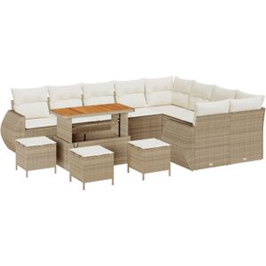vidaXL 13-teiliges Garten Sofa Set mit Kissen Beige Poly Rattan Akazie,  4-teiliges Garten Esstisch Set mit Kissen Beige Poly Rattan Akazie