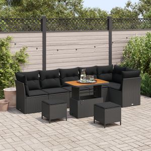 vidaXL 9-teiliges Gartensofa-Set mit Kissen Schwarz Poly-Rattan Akazie,  3-teiliges Gartendining-Set mit Kissen Schwarz Poly-Rattan Akazie