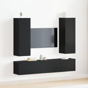 vidaXL 4-teiliges TV-Cabinet-Set Wandmontiert Schwarz-Oak Hochwertiges Holz,  Schwarz-Oak TV-Stand 80x30x30 cm Aus hochwertigem Holz,  Wandmontierte TV-Schränke - 2 Stück Schwarz-Oak, 30,5x30x90 cm, Aus hochwertigem Holz