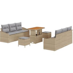 vidaXL 9-teiliges Garten Sofa Set mit Kissen Beige Poly Rattan Akazie,  2-Sitzer Garten Sofa mit Kissen Beige Poly Rattan,  3-teiliges Garten Esstisch Set mit Kissen Beige Poly Rattan Akazie