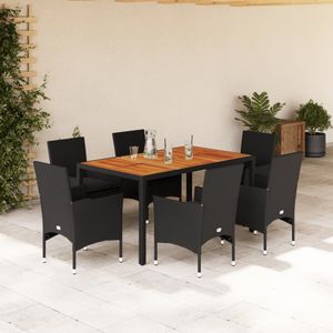 vidaXL 7-tlg. Garten-Essgruppe mit Kissen Schwarz Poly Rattan Akazie