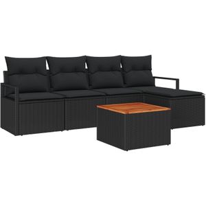 vidaXL 6-teiliges Garten-Sofa-Set mit Kissen Schwarzes Poly-Rattan Akazie,  2-Sitzer Garten-Sofa mit Kissen Schwarzes Poly-Rattan