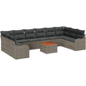 vidaXL 11-teiliges Garten-Sofa-Set mit Kissen Grau Poly Rattan Akazie,  2-Sitzer Garten-Sofa mit Stauraum & Kissen Grau Poly Rattan