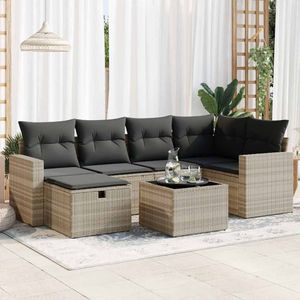 vidaXL 7-tlg. Garten-Sofagarnitur mit Kissen Hellgrau Poly Rattan