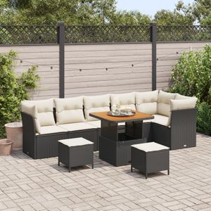 vidaXL 9-teiliges Garten Sofa Set mit Kissen Schwarz Poly Rattan Akazie,  3-teiliges Garten Essset mit Kissen Schwarz Poly Rattan Akazie