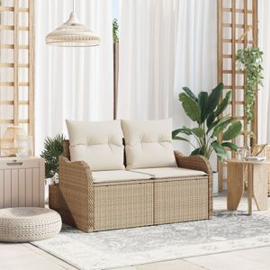 vidaXL 2-Sitzer Gartensofa mit Kissen Beige Poly Rattan