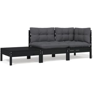 vidaXL 3-tlg. Garten-Lounge-Set mit Kissen Schwarz Kiefer Massivholz
