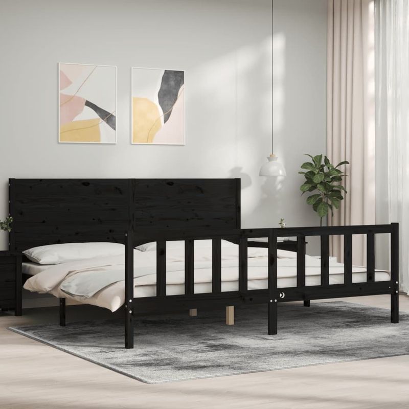 vidaXL Massivholzbett mit Kopfteil Schwarz 200x200 cm