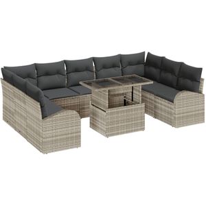 vidaXL 10-teiliges Garten-Sofa-Set mit Kissen Hellgrau Poly Rattan,  2-Sitzer Garten-Sofa mit Stauraum & Kissen Hellgrau Poly Rattan