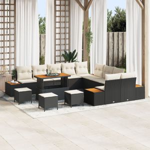 vidaXL 13-teiliges Garten-Sofa-Set mit Kissen Schwarz Poly-Rattan Akazie,  3-teiliges Garten-Dining-Set mit Kissen Schwarz Poly-Rattan Akazie