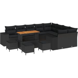vidaXL 13-teiliges Garten Sofa Set mit Kissen Schwarz Poly Rattan Akazie,  4-teiliges Garten Ess-Set mit Kissen Schwarz Poly Rattan Akazie